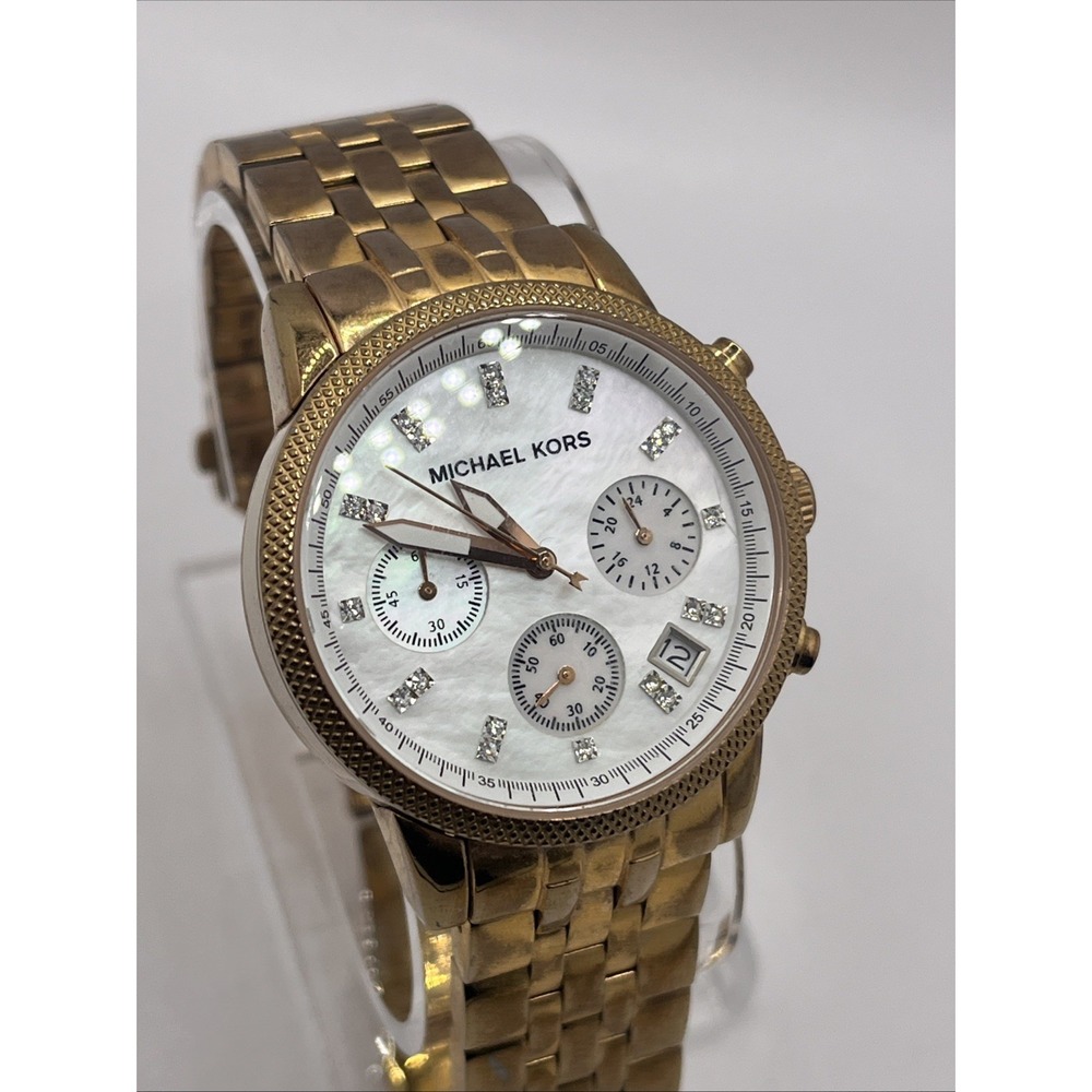 Michael Kors Women's Chrono Watch MOP Dial Rose Gold 7" Band MK5026- New Battery